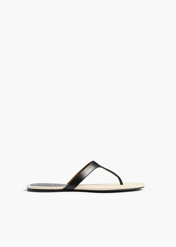 Archer Thong Sandal in Black Leather and Natural Canvas
