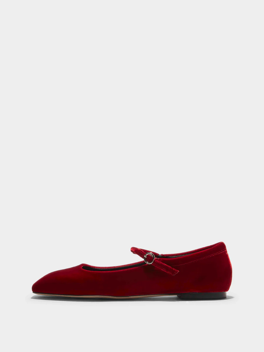 Uma Velvet Leather Mary Jane Flat - Red Velvet