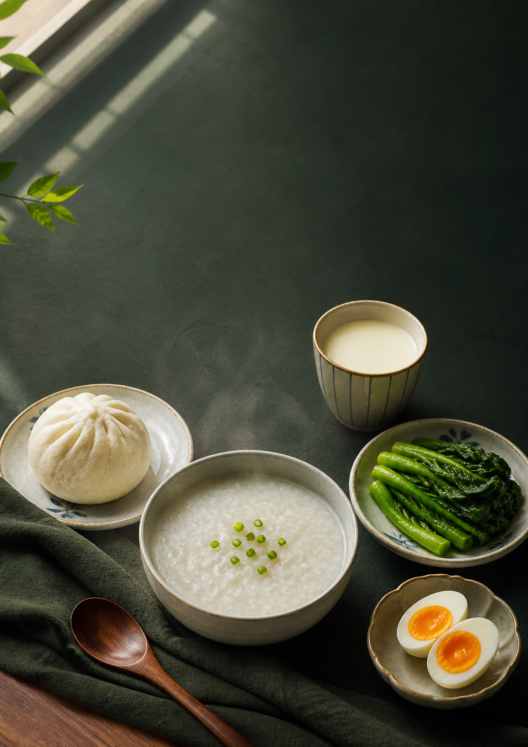 中式家常早餐俯拍：粥、包点、鸡蛋、奶或豆饮和绿叶菜