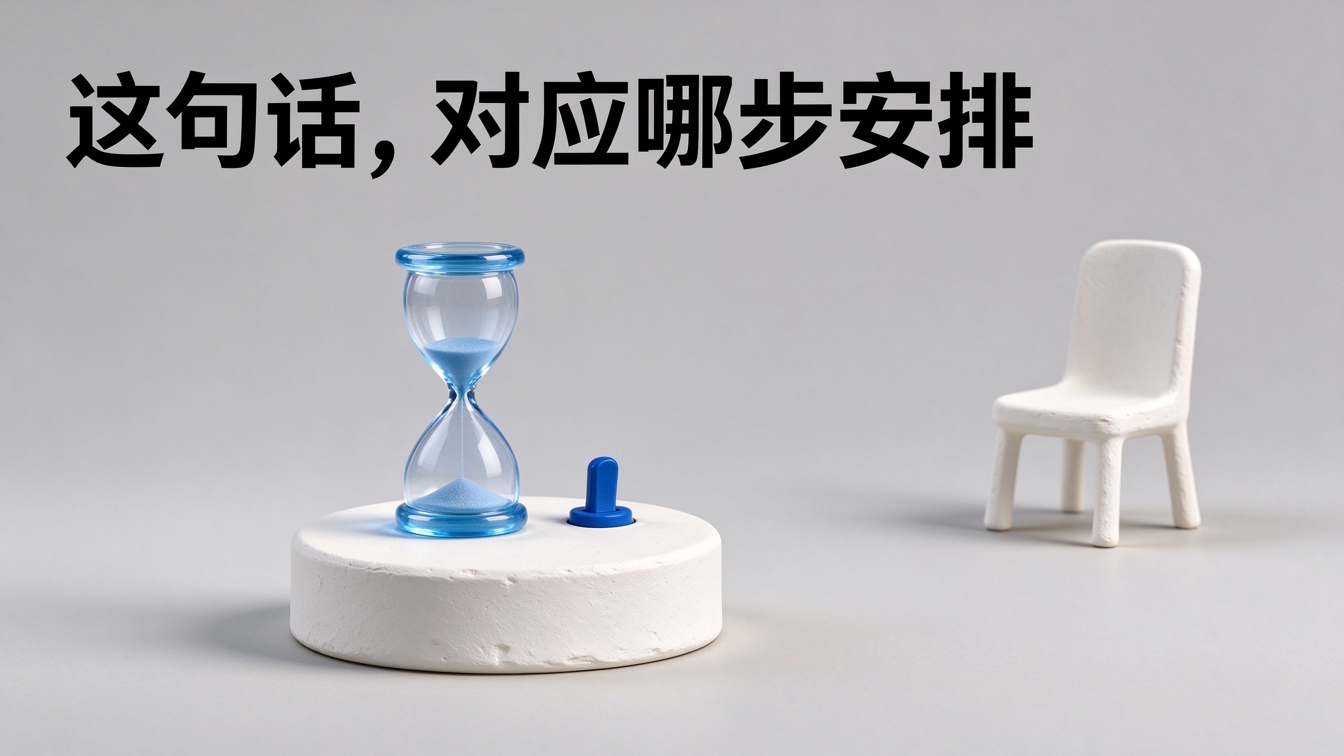 图中文字:这句话,对应哪步安排。画面:奶白石膏圆台上放透明蓝玻璃空沙漏和钴蓝色断开拨杆开关,右侧远处白色空椅子。