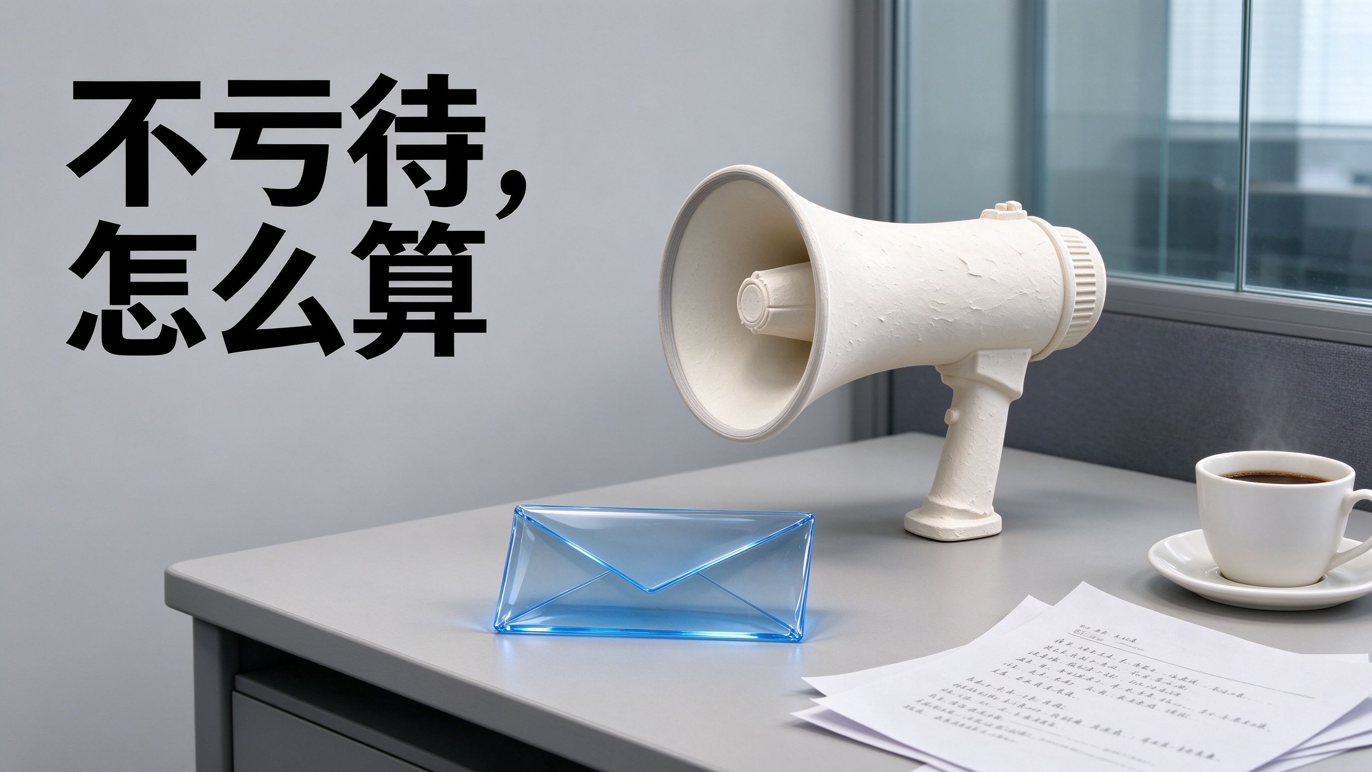 图中文字:不亏待,怎么算。画面:浅灰色办公桌,桌上奶白石膏扩音喇叭,旁边透明蓝玻璃空信封,白色咖啡杯和打印纸,右上方玻璃隔断窗户。