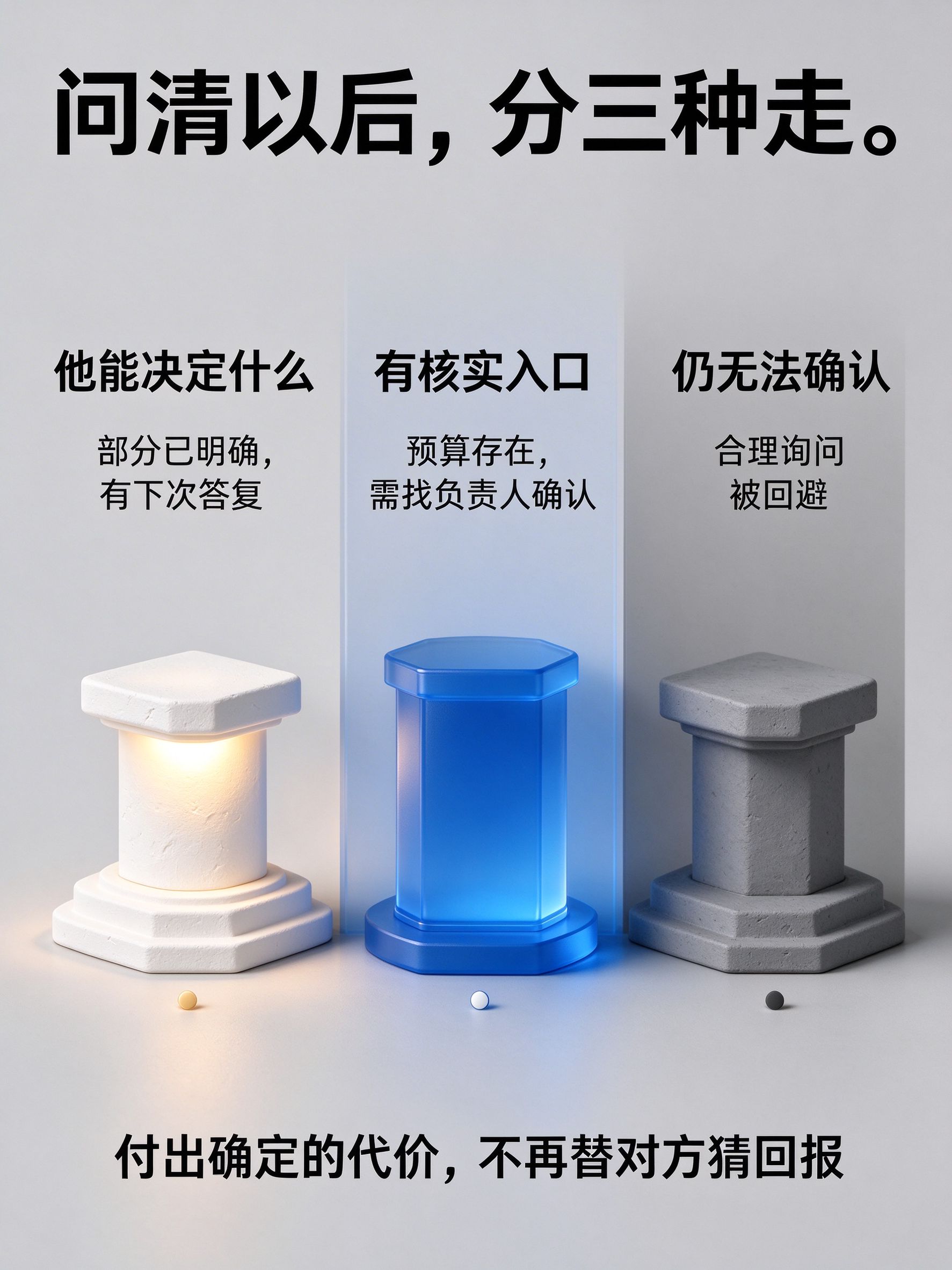 图中文字:问清以后,分三种走。;他能决定什么;部分已明确,有下次答复;有核实入口;预算存在,需找负责人确认;仍无法确认;合理询问被回避;付出确定的代价,不再替对方猜回报。画面:三个并列微缩展台从左到右(白色亮灯、钴蓝色半透明、灰色暗色)。