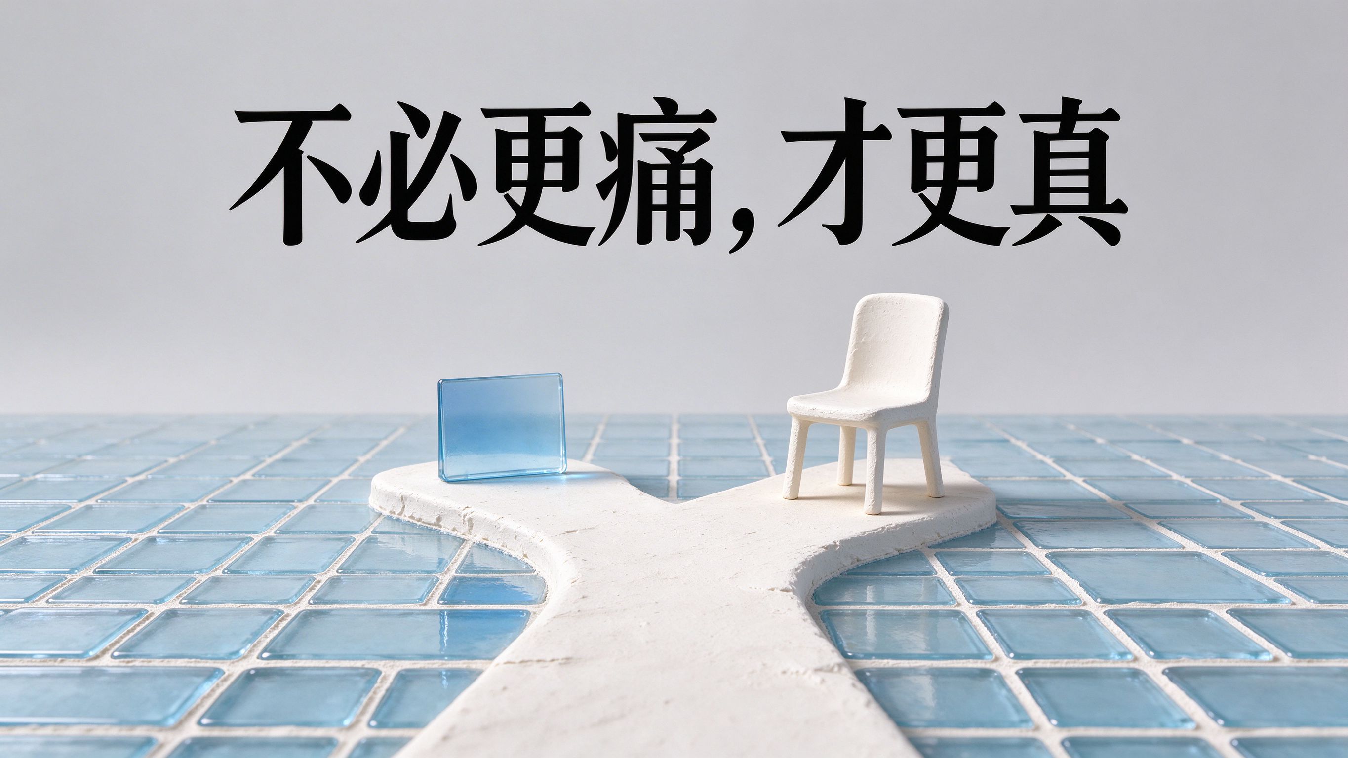 图中文字:不必更痛,才更真。画面:奶白石膏岔路分两条,左边透明蓝玻璃空白小牌子,右边白色空椅子,浅蓝玻璃砖路面。
