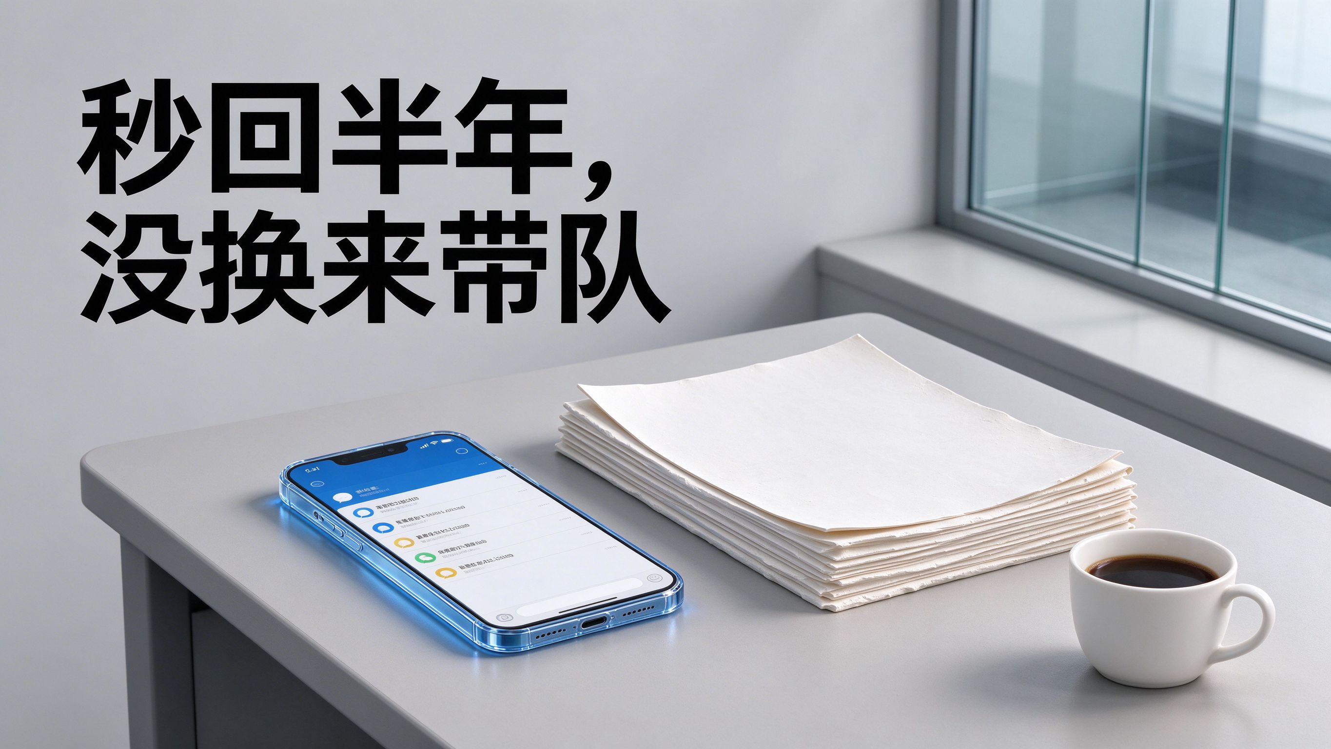 图中文字:秒回半年,没换来带队。画面:浅灰色办公桌,左边透明蓝玻璃智能手机(屏幕亮消息列表),右边奶白石膏整齐文件摞(最上空白报告纸),白色咖啡杯,右上方玻璃隔断窗户。