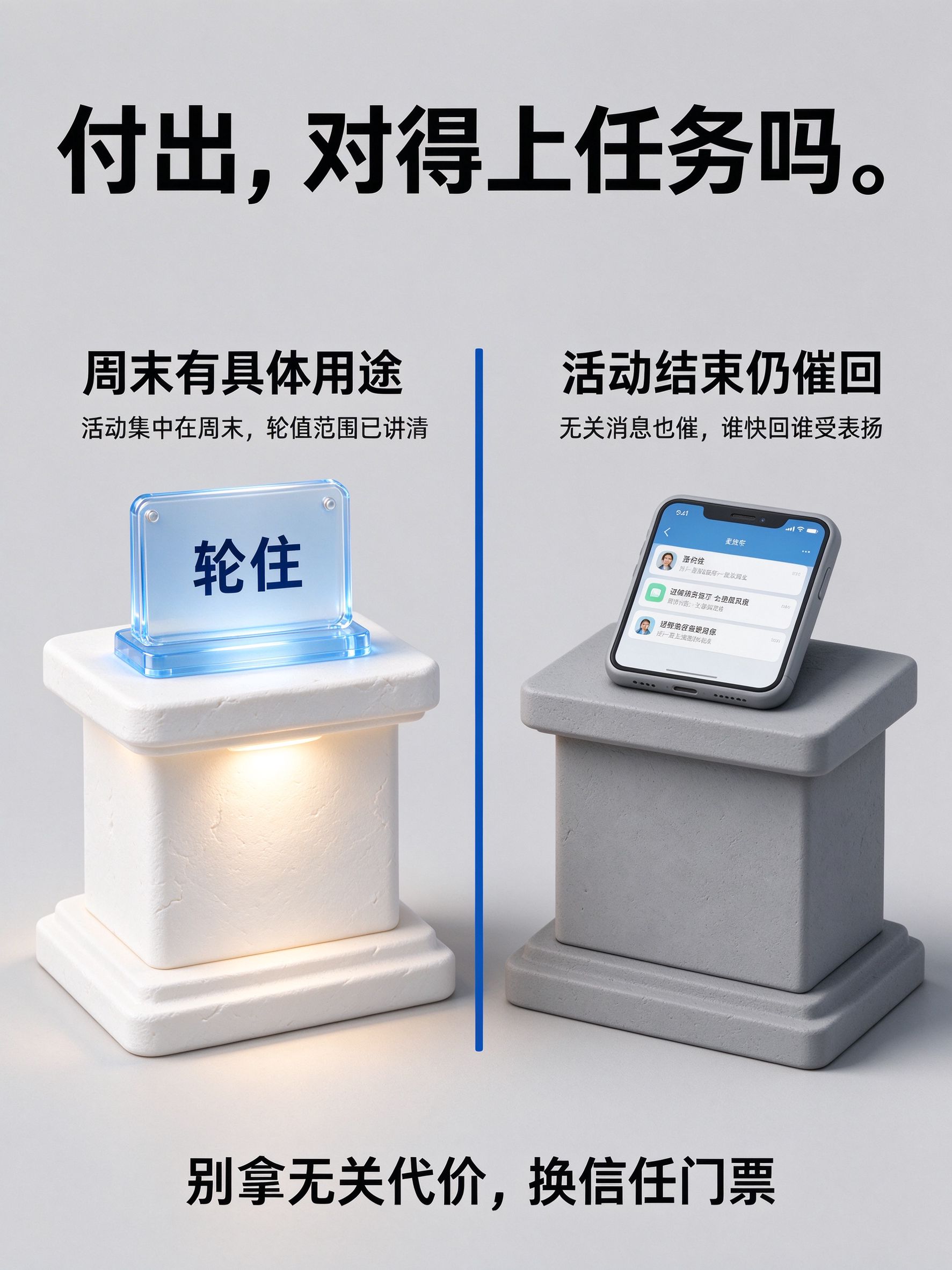 图中文字:付出,对得上任务吗。;周末有具体用途;活动集中在周末,轮值范围已讲清;活动结束仍催回;无关消息也催,谁快回谁受表扬;别拿无关代价,换信任门票。画面:左右两个微缩展台,左边白色亮灯台上蓝玻璃轮值标牌,右边灰色台上亮屏灰色手机。