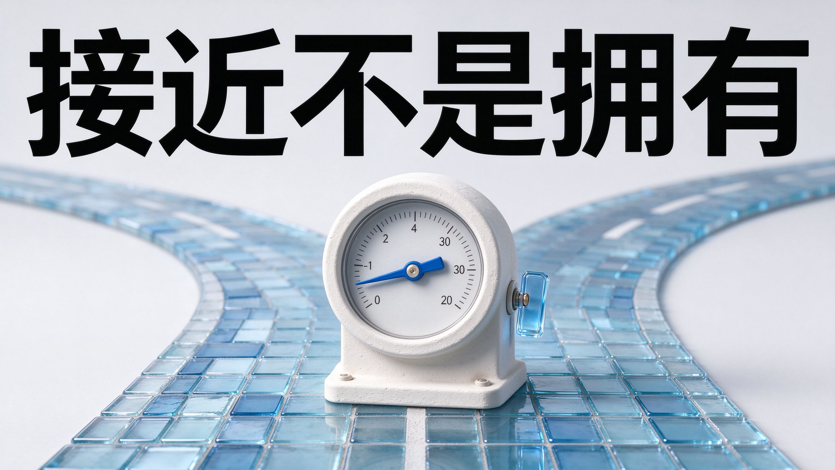 画面上方粗黑大字"接近不是拥有";中央奶白色石膏圆形计量表,钴蓝色指针,旁边透明蓝玻璃开关断开;背景是透明蓝玻璃马赛克分岔路