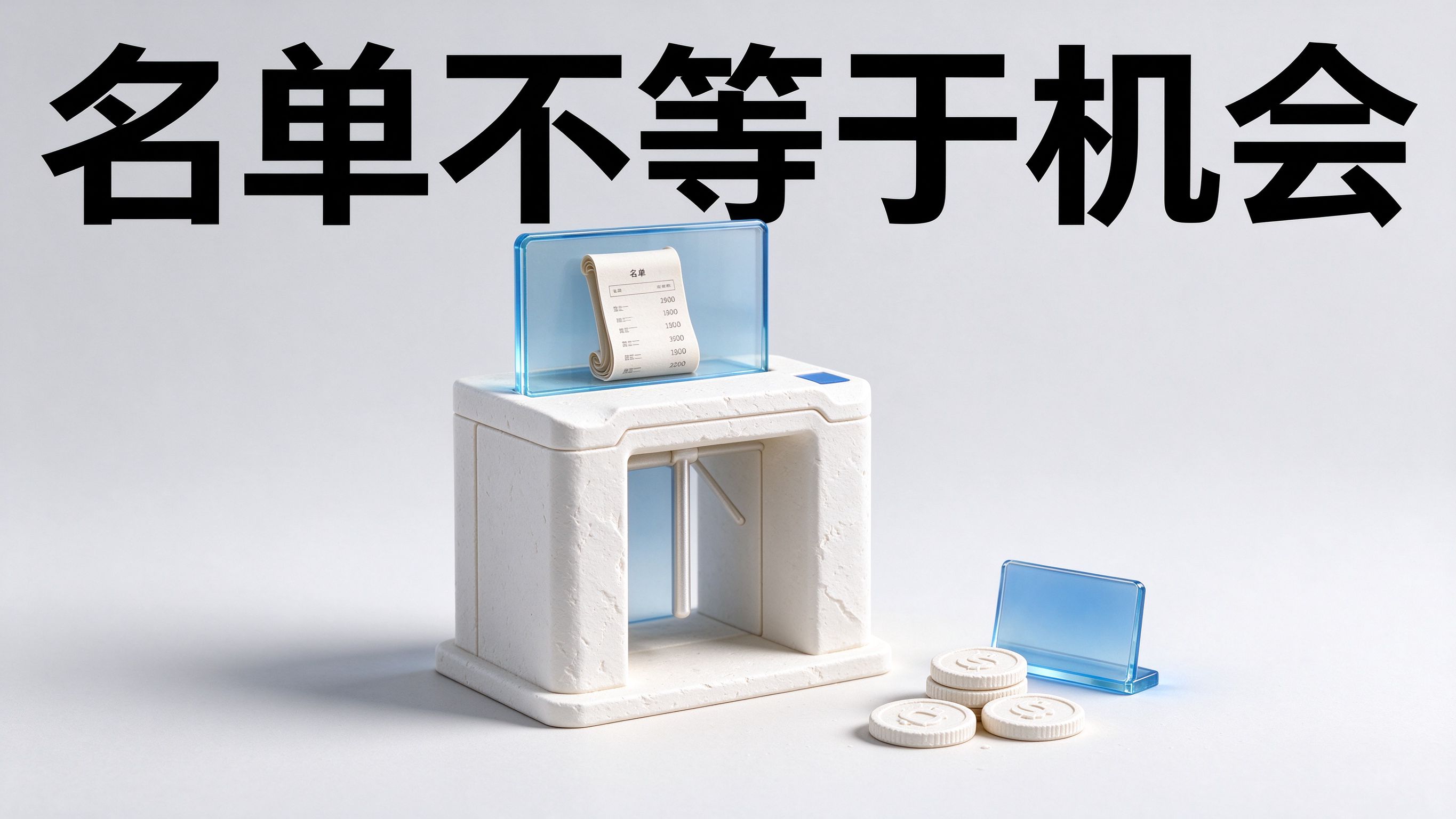 画面上方粗黑大字"名单不等于机会";画面中央偏左是奶白色石膏旋转闸机,顶部透明蓝玻璃面板后有卷起来的名单文件,右侧地面散落三枚石膏硬币和透明蓝玻璃小牌;浅灰底,钴蓝点缀,柔和自然光
