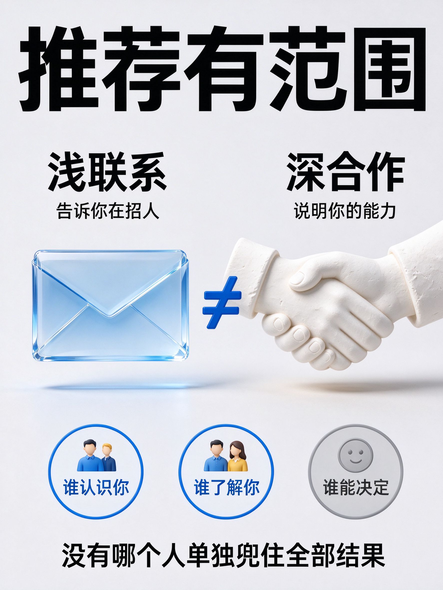 顶部大字"推荐有范围";左侧透明蓝玻璃信封配"浅联系/告诉你在招人",右侧奶白石膏握手配"深合作/说明你的能力",中间钴蓝不等号;下方三个圆形图标分别写"谁认识你""谁了解你""谁能决定";底部结论"没有哪个人单独兜住全部结果"