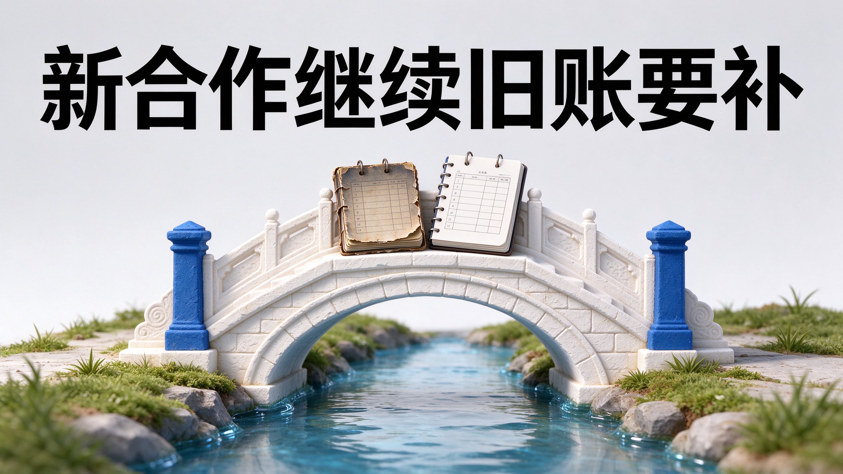画面上方粗黑大字"新合作继续旧账要补";中央奶白色石膏拱桥横跨透明蓝玻璃小河,桥上放两本账本(一本旧一本新),桥两端钴蓝色石柱