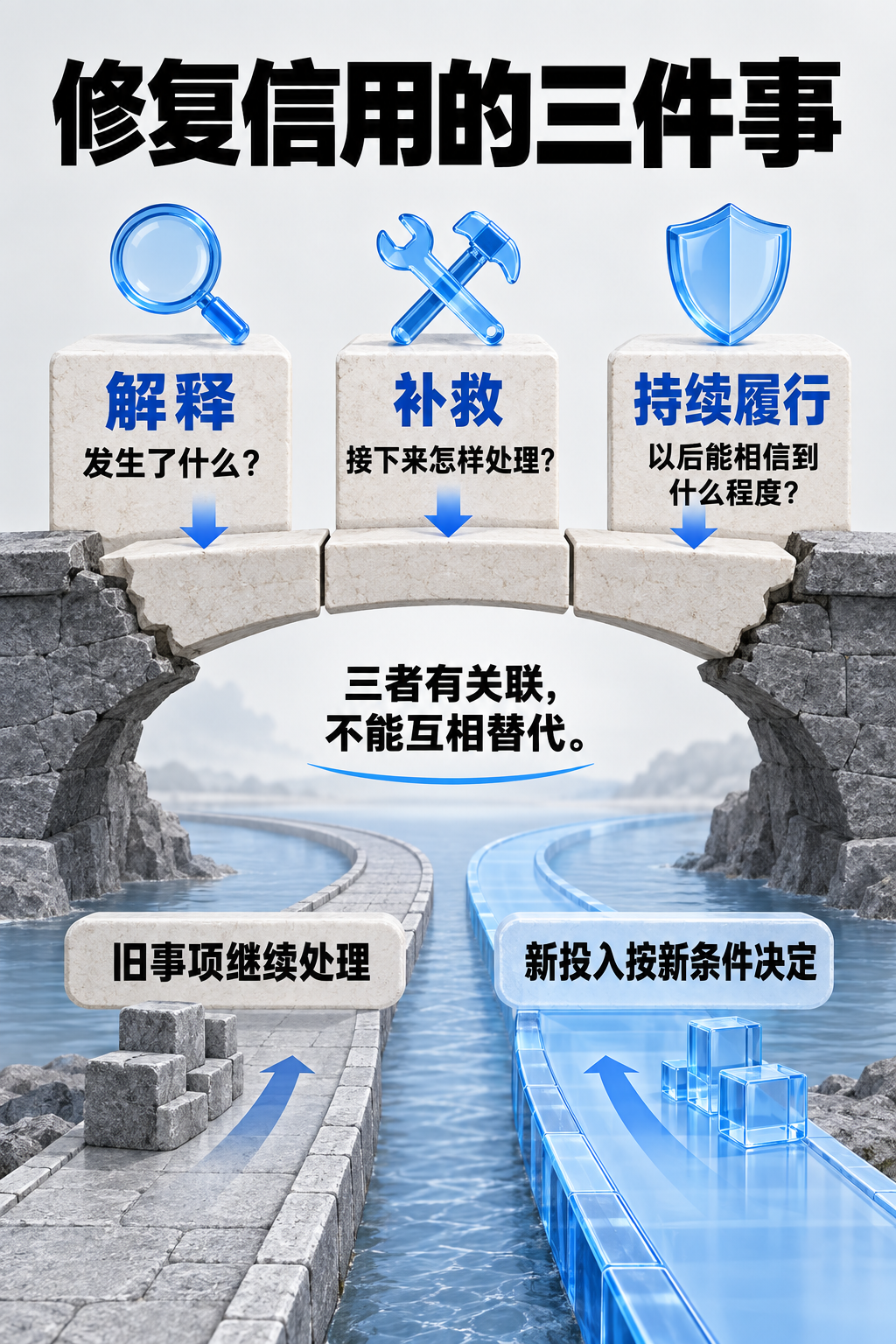 修复信用的三件事。修复信用的三件事;解释;发生了什么?;补救;接下来怎样处理?;持续履行;以后能相信到什么程度?;三者有关联,不能互相替代。;旧事项继续处理;新投入按新条件决定