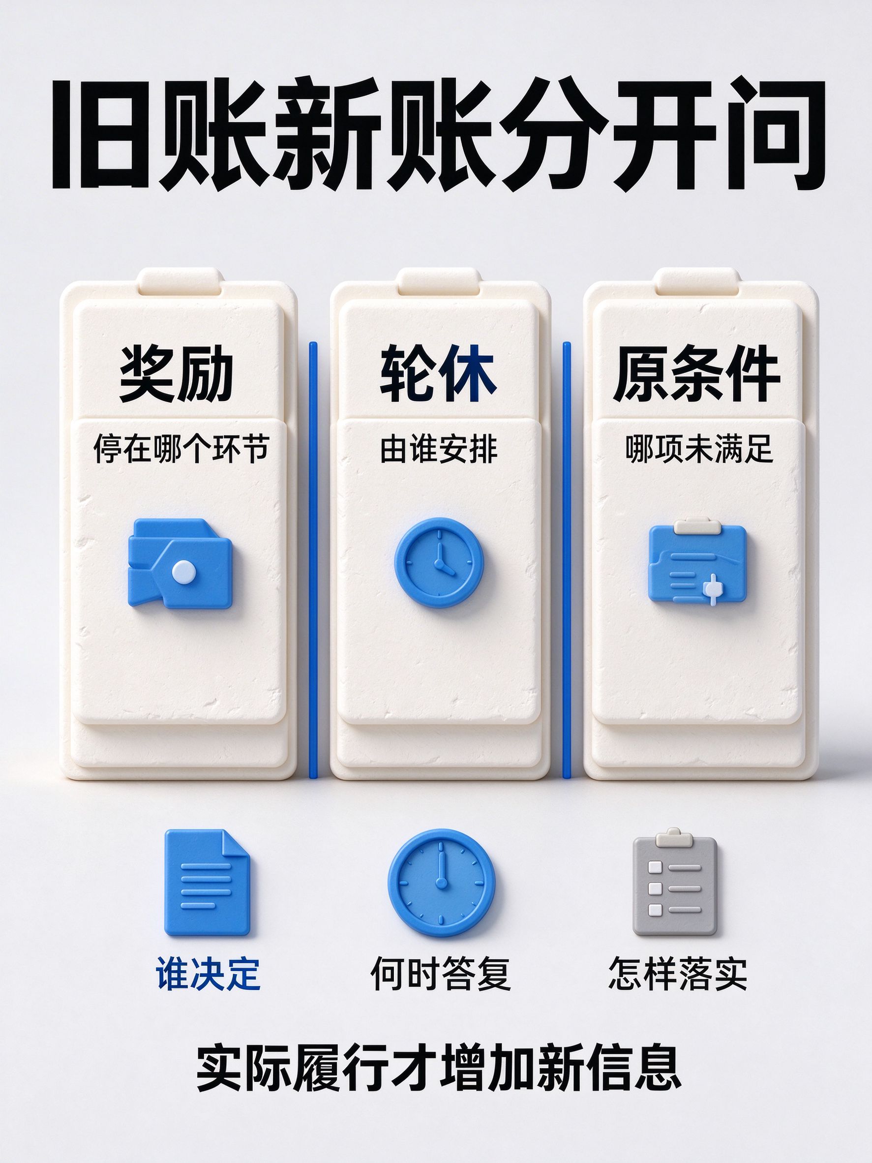 顶部大字"旧账新账分开问";三个并排奶白石膏文件夹:"奖励/停在哪个环节""轮休/由谁安排""原条件/哪项未满足",间钴蓝竖线分隔;下方三个图标"谁决定/何时答复/怎样落实";底部"实际履行才增加新信息"