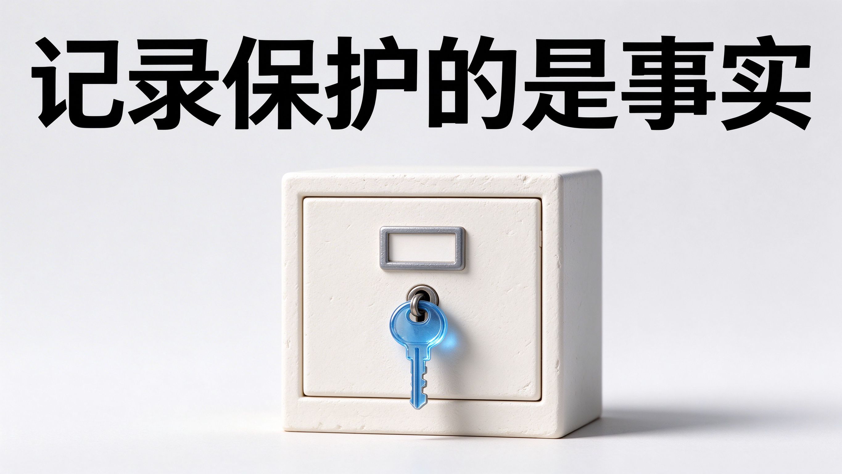 图上大字“记录保护的是事实”;画面为奶白石膏保险柜微缩模型,柜门挂一枚透明蓝玻璃钥匙插在锁孔里。