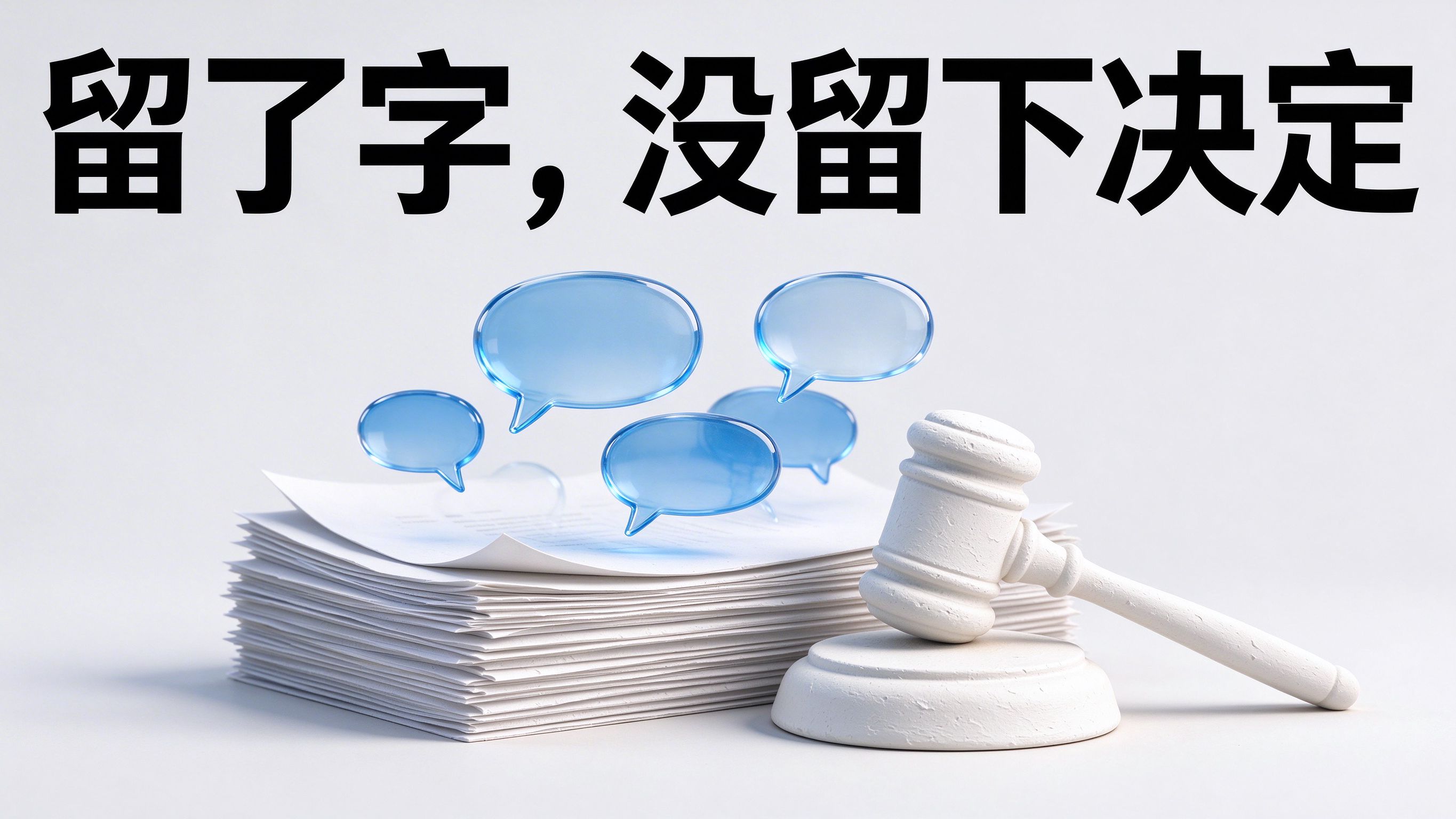 图上大字“留了字,没留下决定”;画面为一摞奶白石膏文件,上方飘几个透明蓝玻璃对话气泡,旁斜放一只奶白石膏法槌。