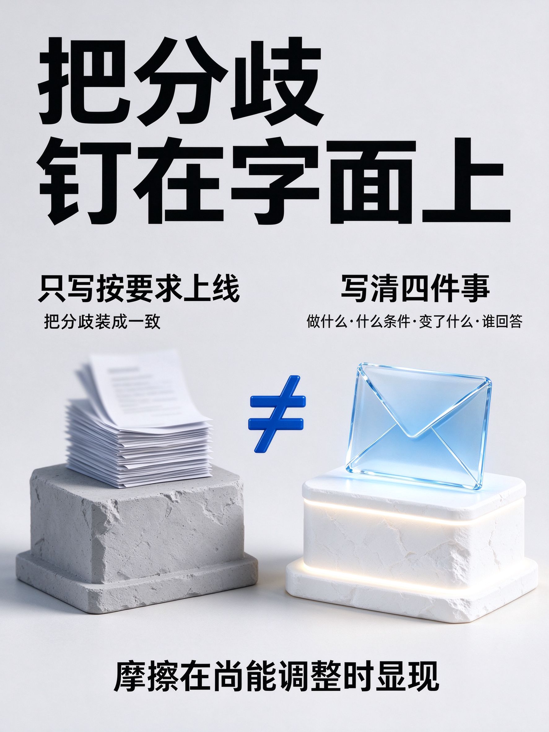 顶部大标题“把分歧 钉在字面上”;左侧灰色展台“只写按要求上线/把分歧装成一致”放模糊文件,右侧白色发光展台“写清四件事/做什么·什么条件·变了什么·谁回答”放透明蓝玻璃信封,中间钴蓝不等号≠;底部“摩擦在尚能调整时显现”。