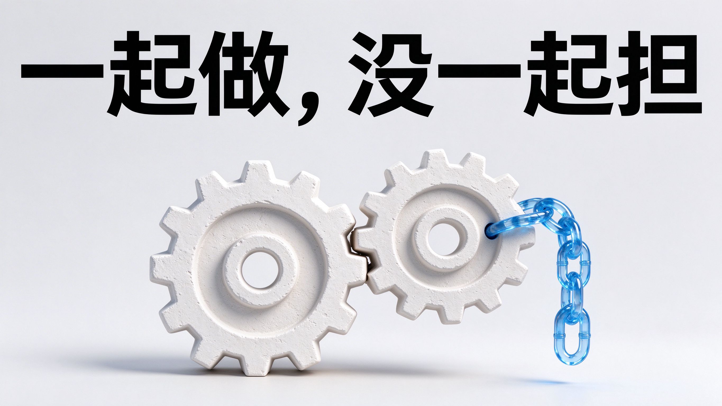图上大字“一起做,没一起担”;画面两个奶白石膏齿轮互相咬合,右侧齿轮连一截透明蓝玻璃锁链垂落悬空。