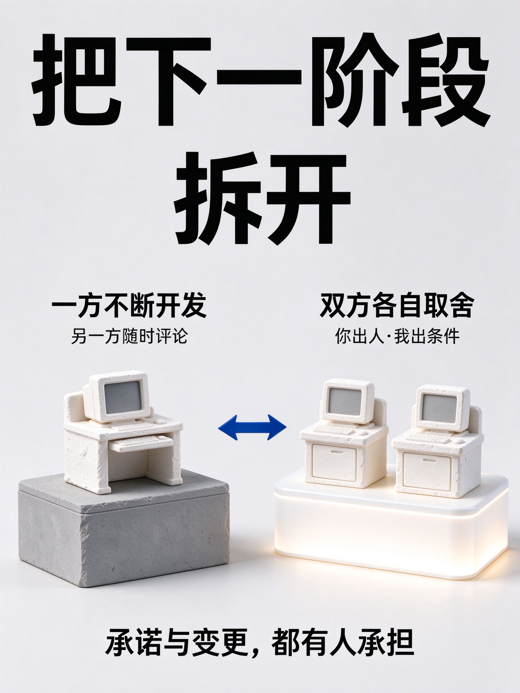 顶部大标题“把下一阶段 拆开”;左侧灰色展台“一方不断开发/另一方随时评论”放单人工位小模型,右侧白色发光展台“双方各自取舍/你出人·我出条件”放两个并排工位,中间钴蓝双向箭头;底部“承诺与变更,都有人承担”。