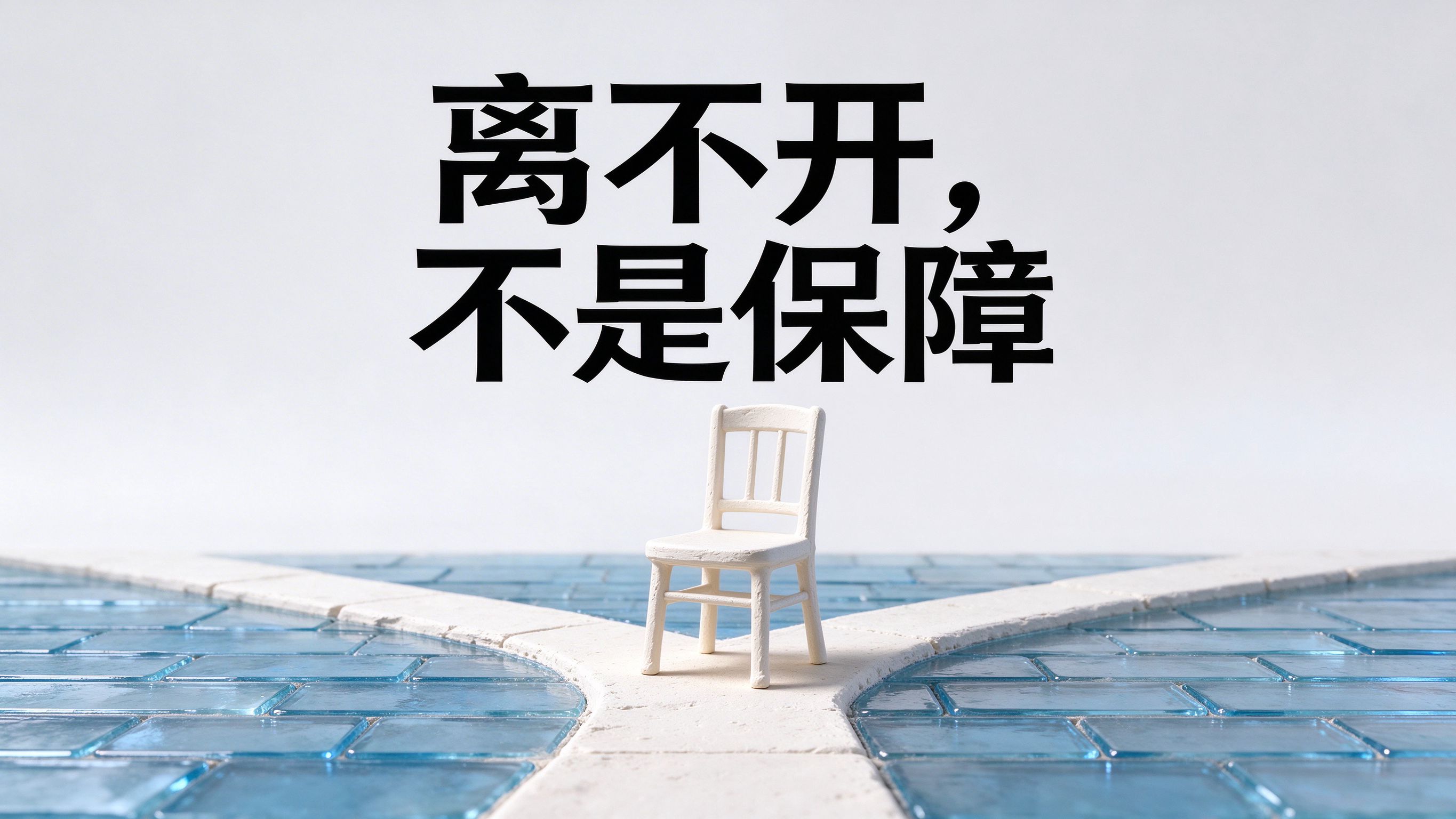 顶部大字“离不开, 不是保障”;画面一把奶白石膏空椅子放在透明蓝玻璃铺路的分岔口,前方一条奶白石膏路延伸出去。