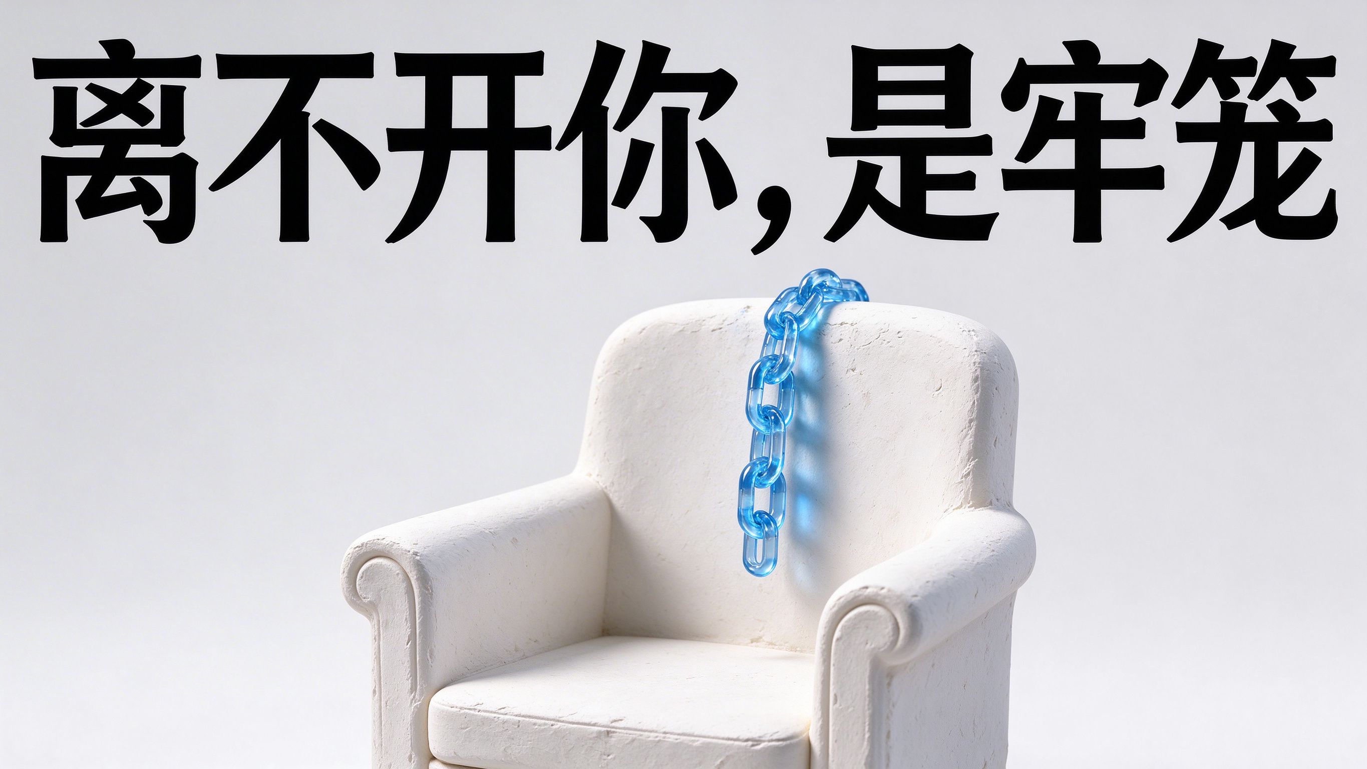 图上大字“离不开你,是牢笼”;画面一把奶白石膏扶手椅,椅背处长一截透明蓝玻璃锁链垂落。