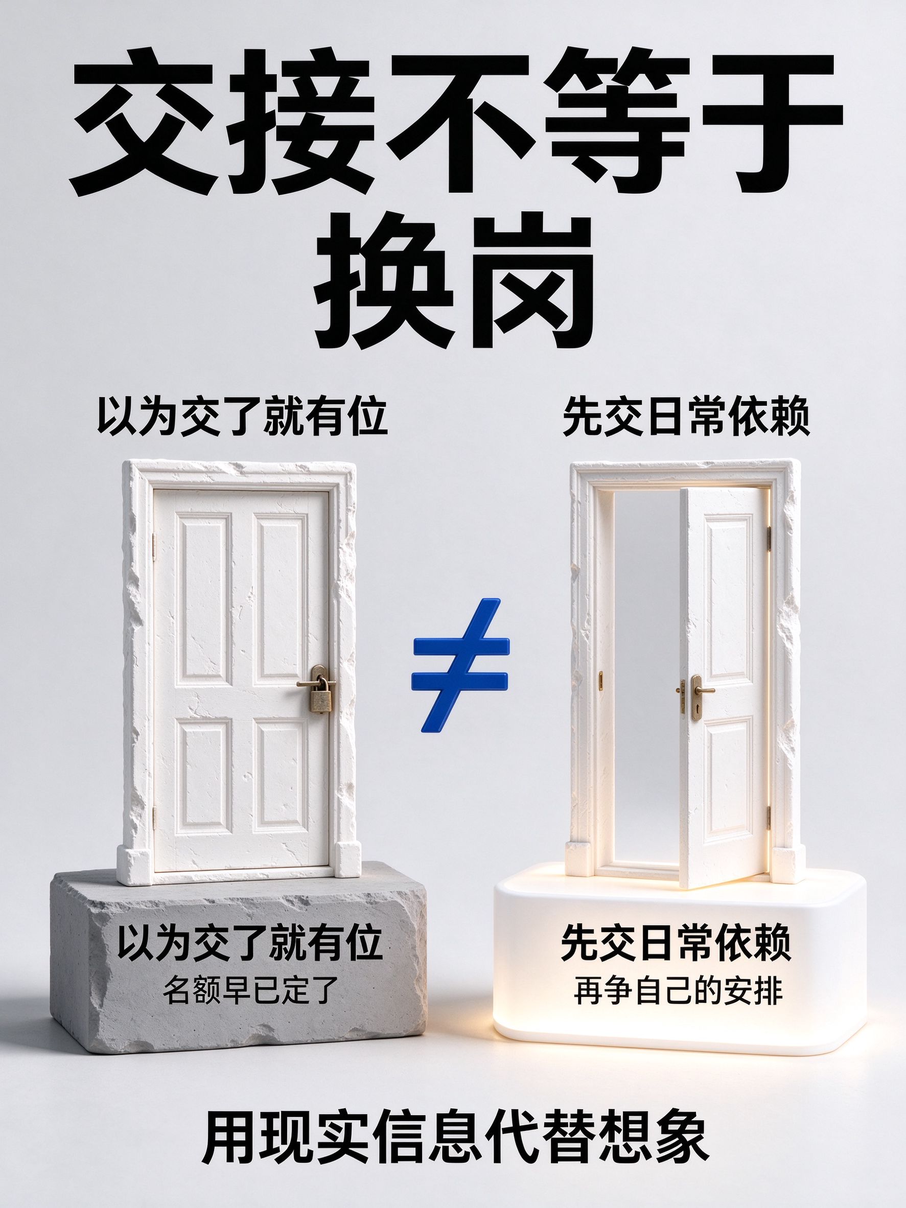 顶部大标题“交接不等于 换岗”;左侧灰色展台“以为交了就有位/名额早已定了”放锁着的门,右侧白色发光展台“先交日常依赖/再争自己的安排”放开着的门,中间钴蓝不等号≠;底部“用现实信息代替想象”。