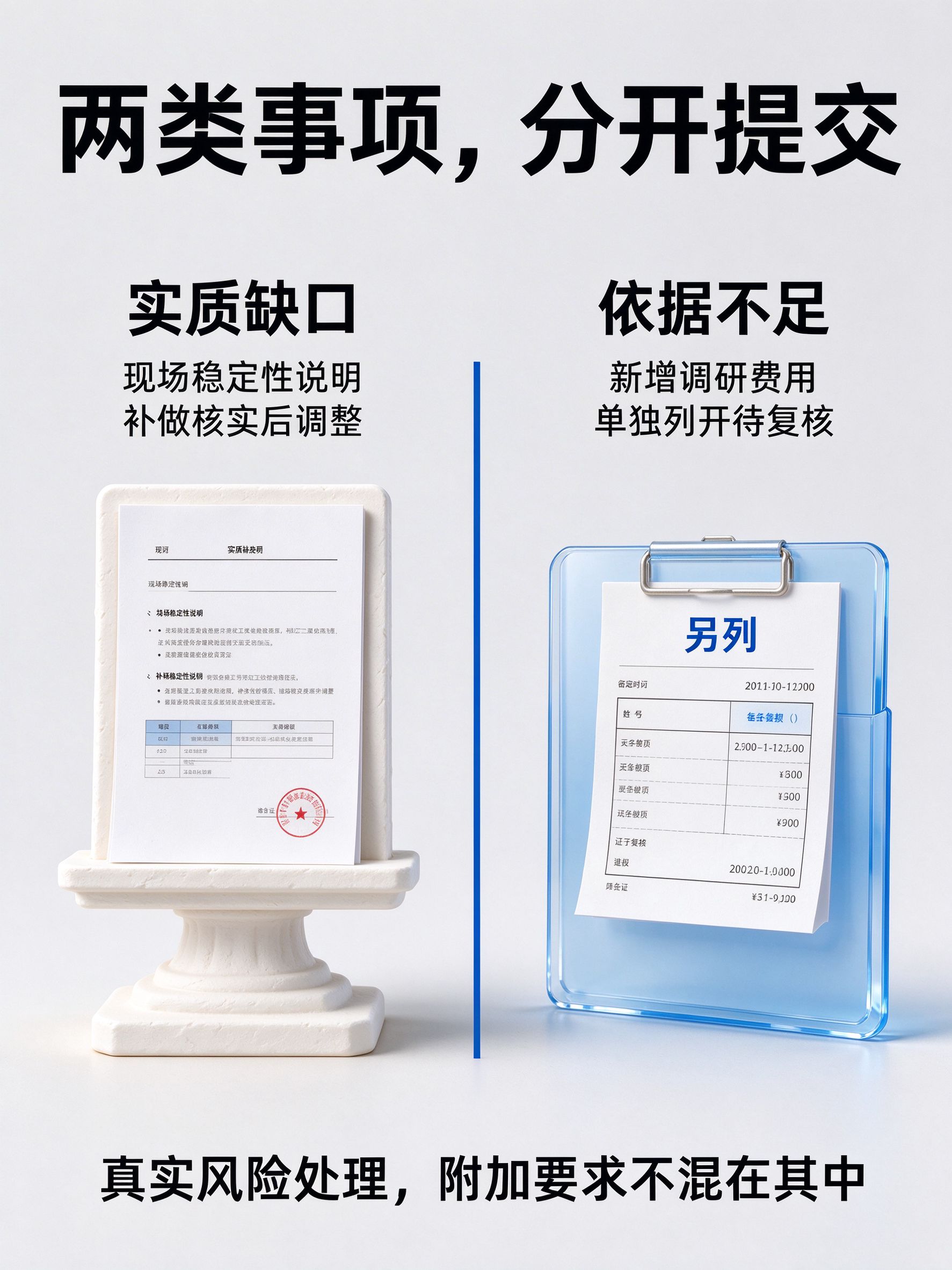 两类事项,分开提交;实质缺口 现场稳定性说明 补做核实后调整;依据不足 新增调研费用 单独列开待复核;另列;真实风险处理,附加要求不混在其中