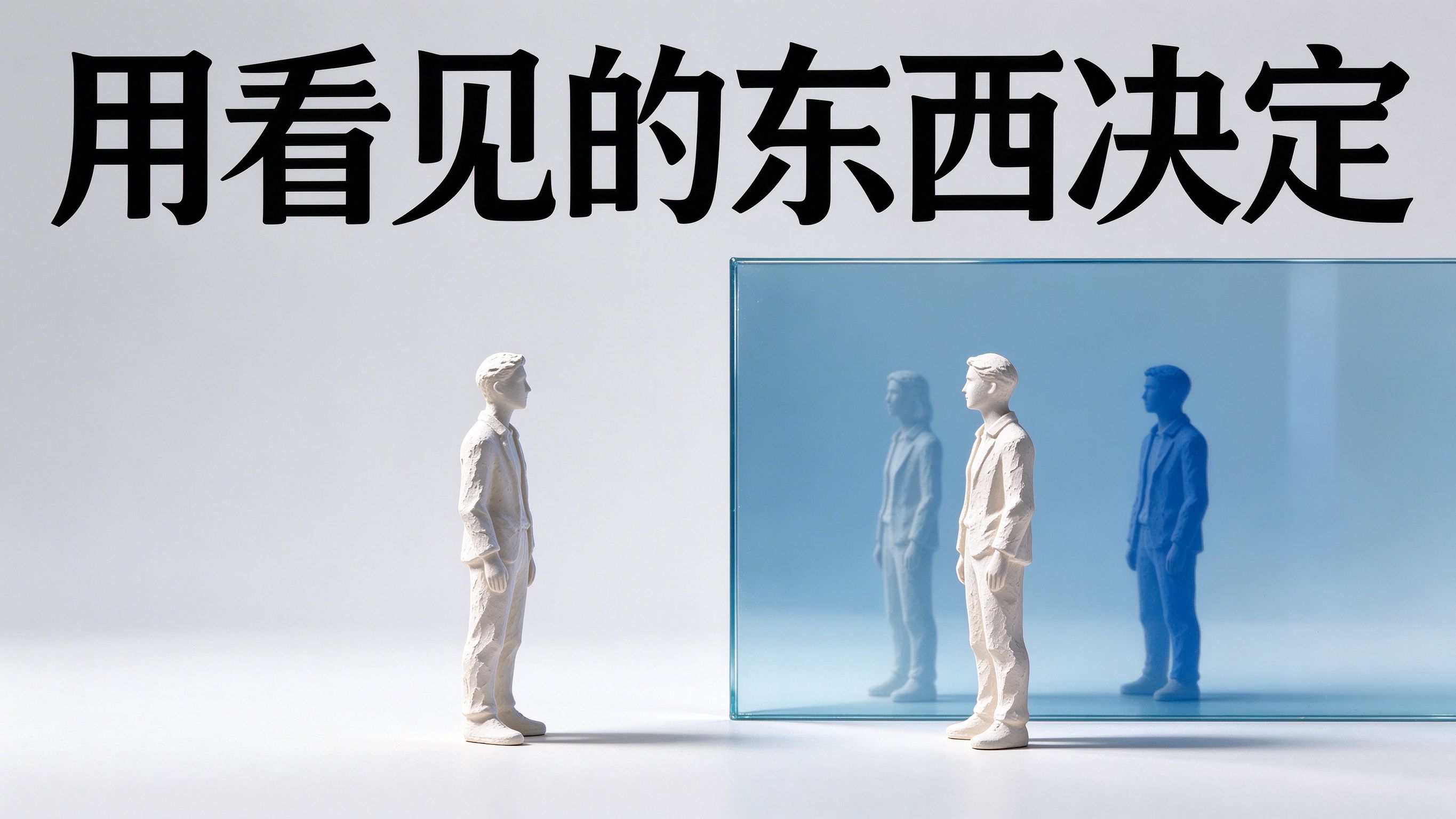 用看见的东西决定;透明蓝玻璃墙两侧互相可见,两个石膏小人对望