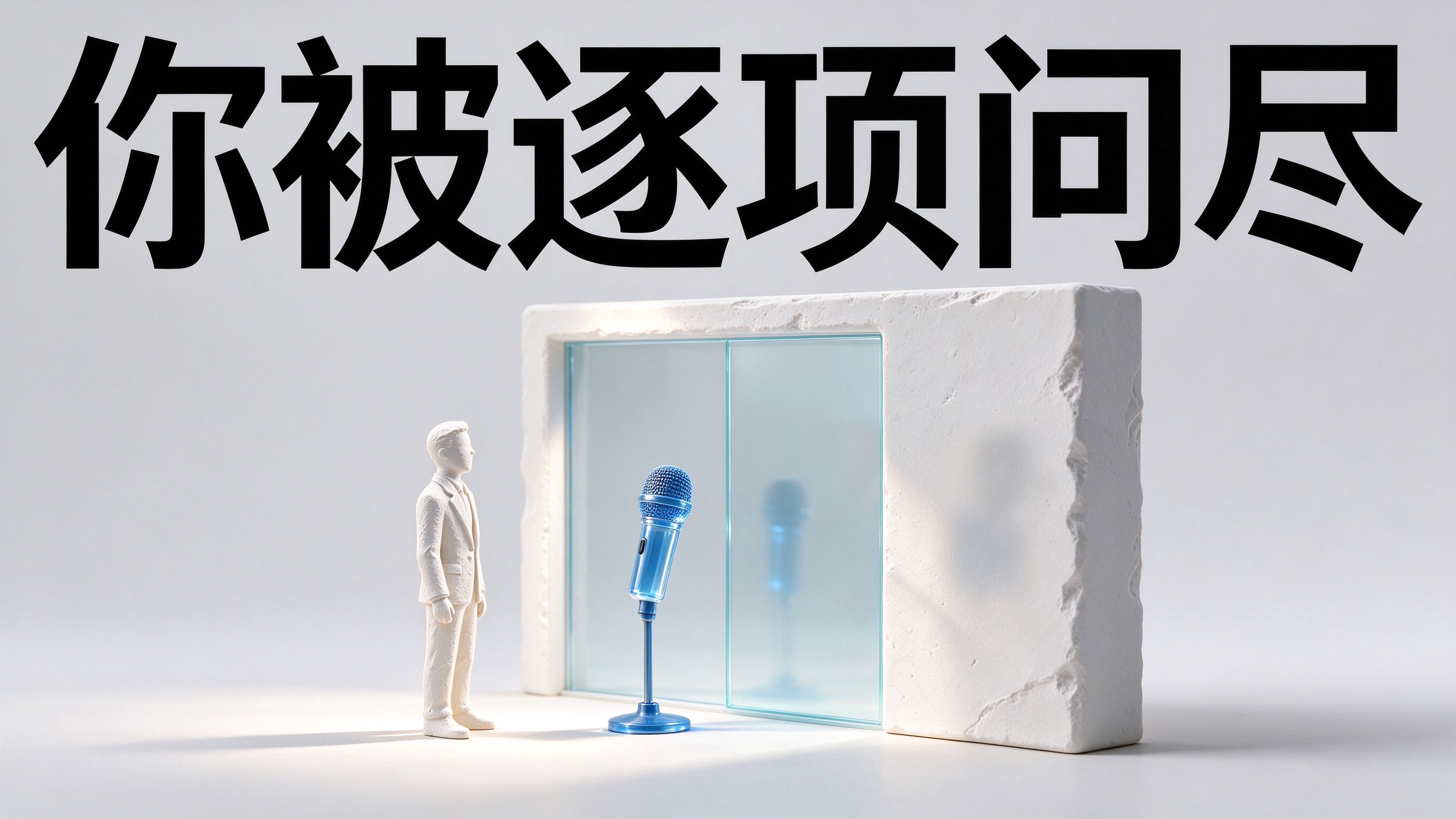 你被逐项问尽;单向玻璃墙,左侧石膏人被照亮,透明蓝玻璃话筒