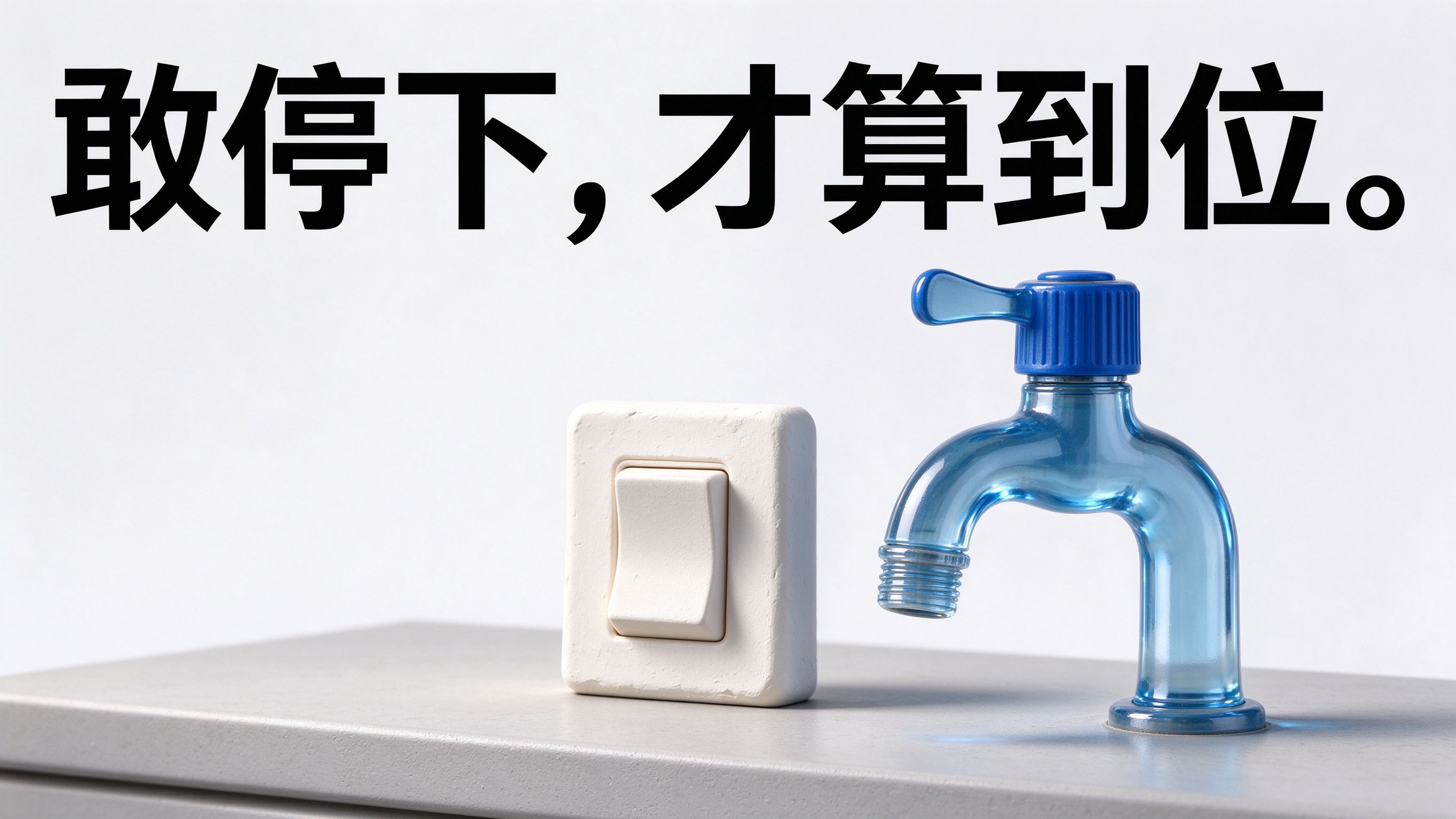 图中大字:敢停下,才算到位。;画面:透明蓝玻璃水龙头关闭状态,奶白石膏开关关闭位置
