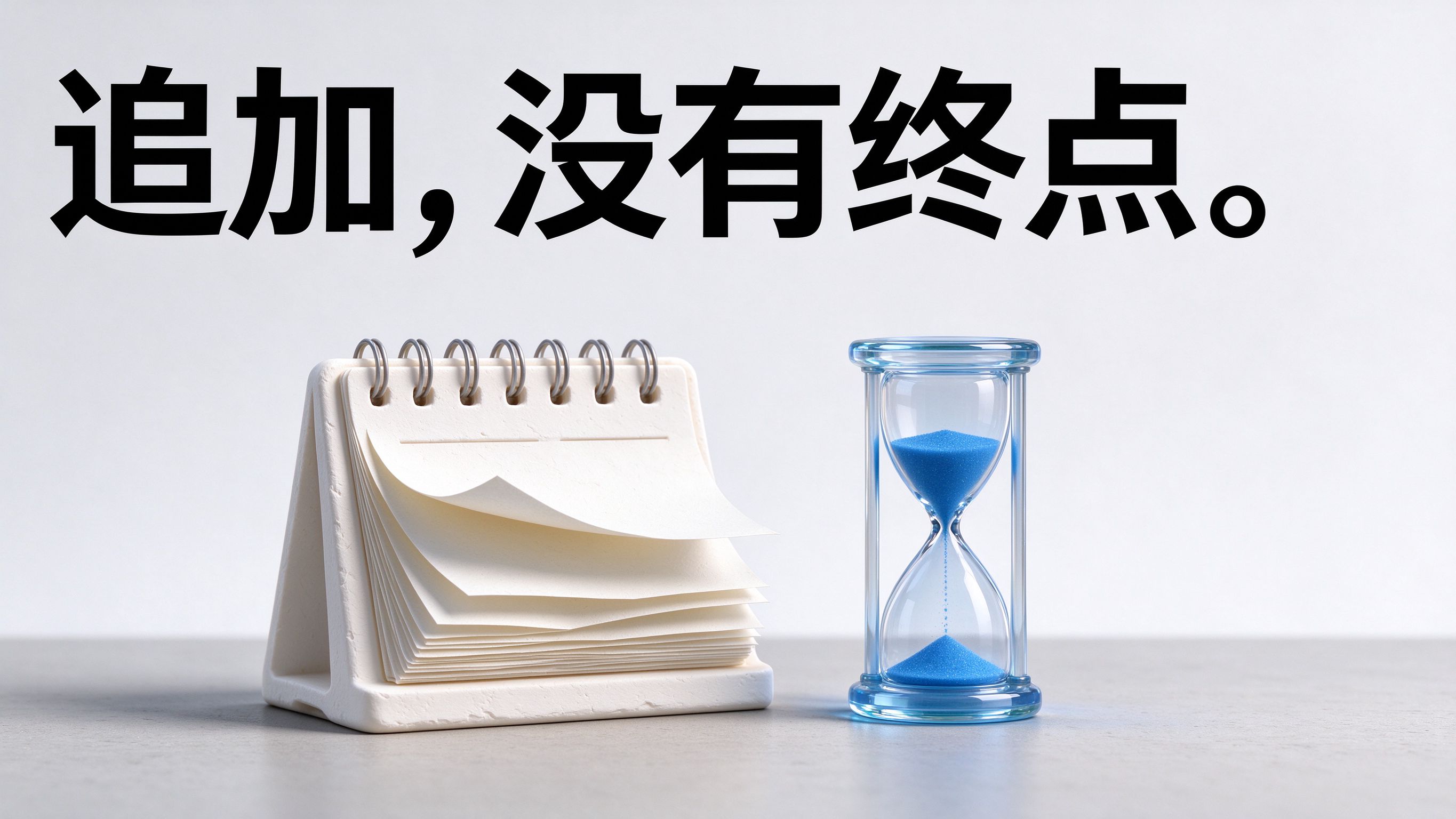 图中大字:追加,没有终点。;画面:奶白石膏台历多页翻起,透明蓝玻璃沙漏在漏沙