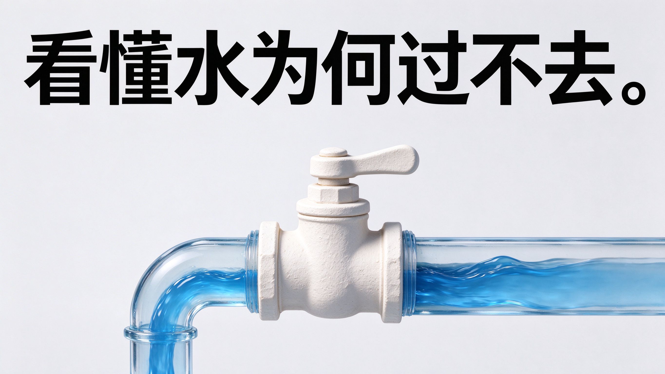 图中大字:看懂水为何过不去。;画面:透明蓝玻璃管道中间安装奶白石膏阀门,阀门关闭,蓝色水流被堵住