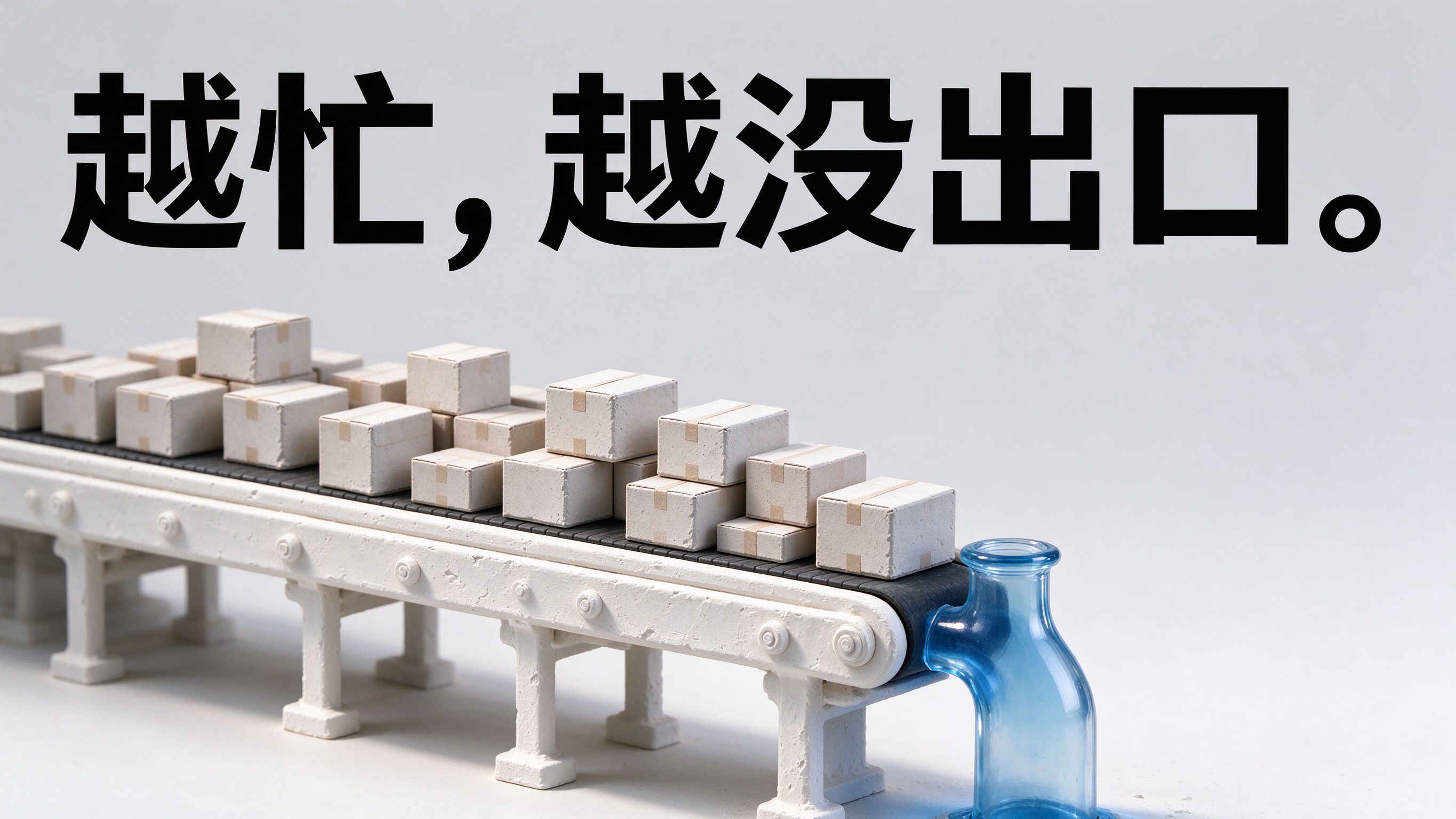 图中大字:越忙,越没出口。;画面:奶白石膏传送带堆满方块箱子,末端收窄为透明蓝玻璃瓶颈管道,箱子堵住无法通过
