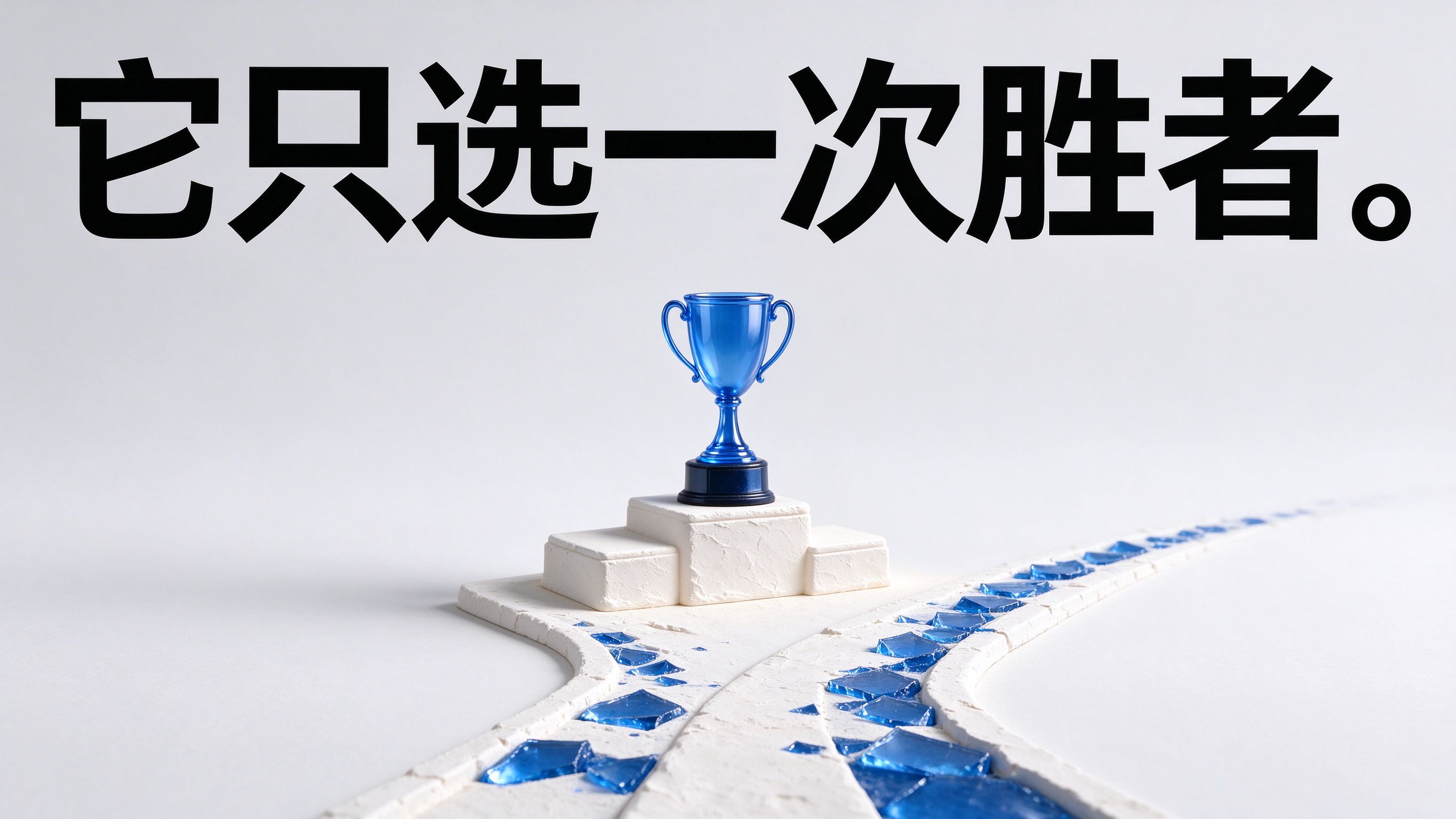 它只选一次胜者。;奶白石膏领奖台上放透明钴蓝玻璃奖杯,台前分出两条嵌钴蓝玻璃碎块的奶白小路向两侧延伸,16:9横版大量留白。