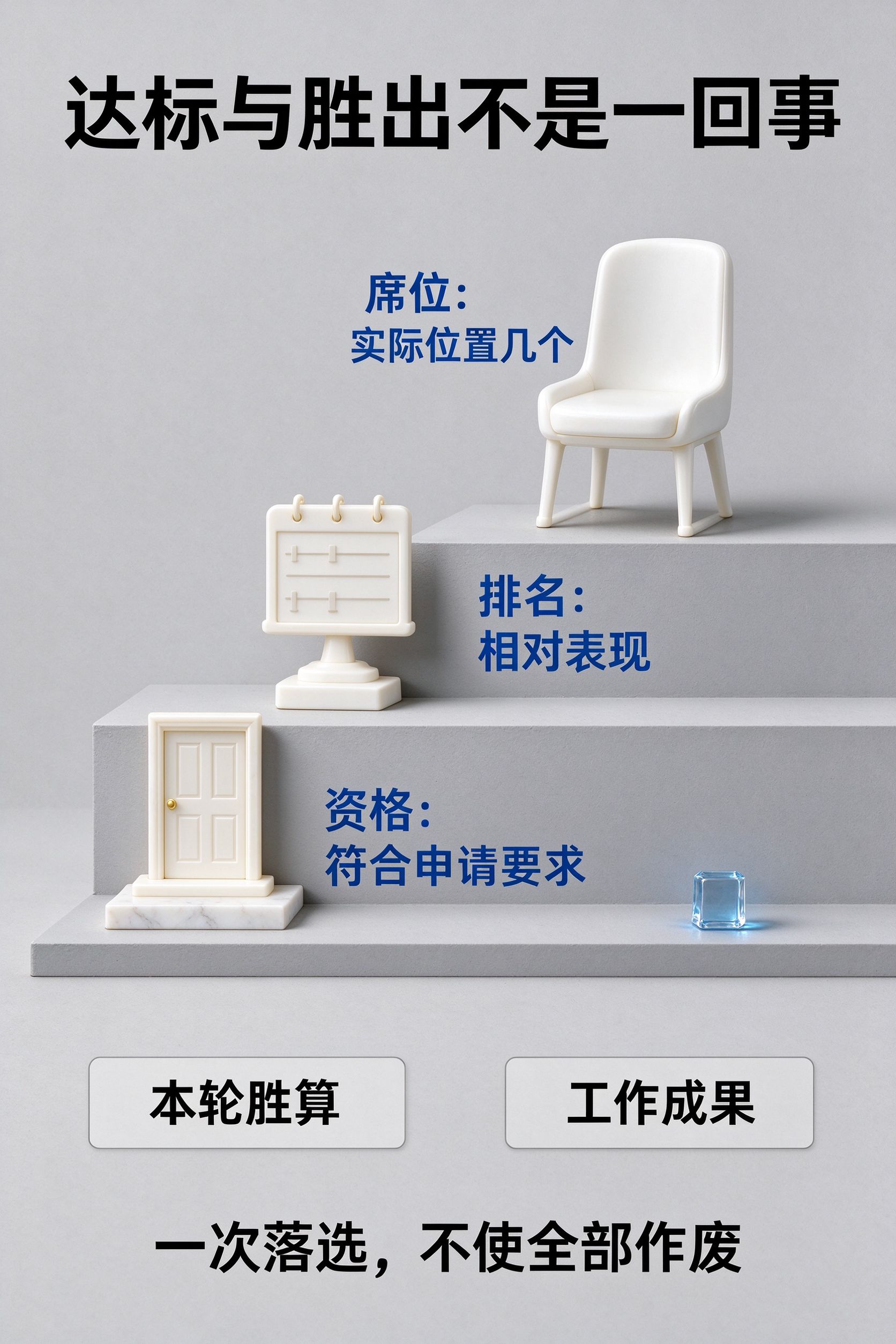 达标与胜出不是一回事。资格;符合申请要求;排名;相对表现;席位;实际位置几个;本轮胜算;工作成果;一次落选不使全部作废。