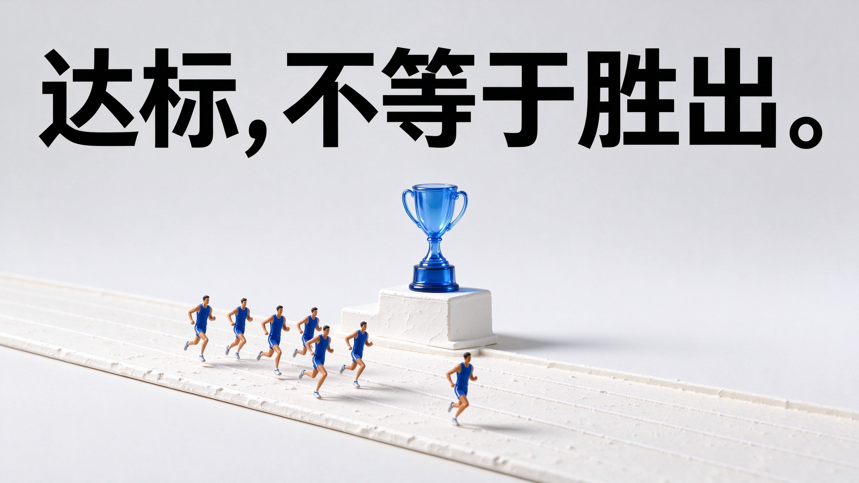 达标,不等于胜出。;浅灰#F1F2F4背景上,奶白石膏跑道上四五个钴蓝色运动服小人向前奔跑,前方白色石膏领奖台上放一只透明钴蓝玻璃奖杯,大量留白,16:9横版。