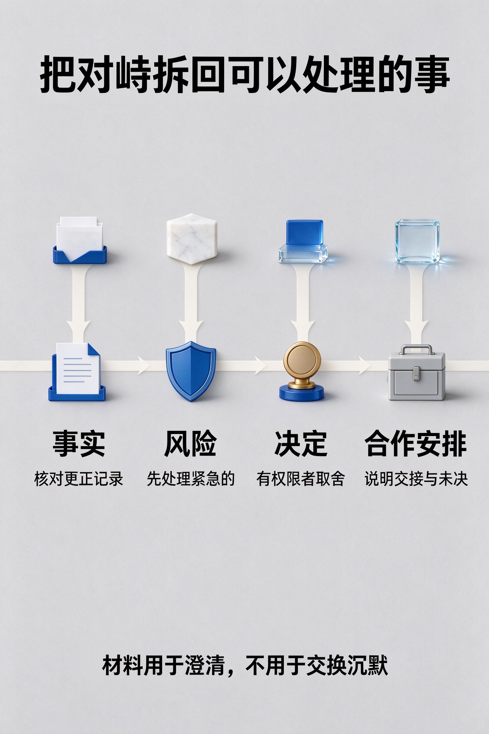 把对峙拆回可以处理的事。事实;核对更正记录;风险;先处理紧急的;决定;有权限者取舍;合作安排;说明交接与未决;材料用于澄清不用于交换沉默。