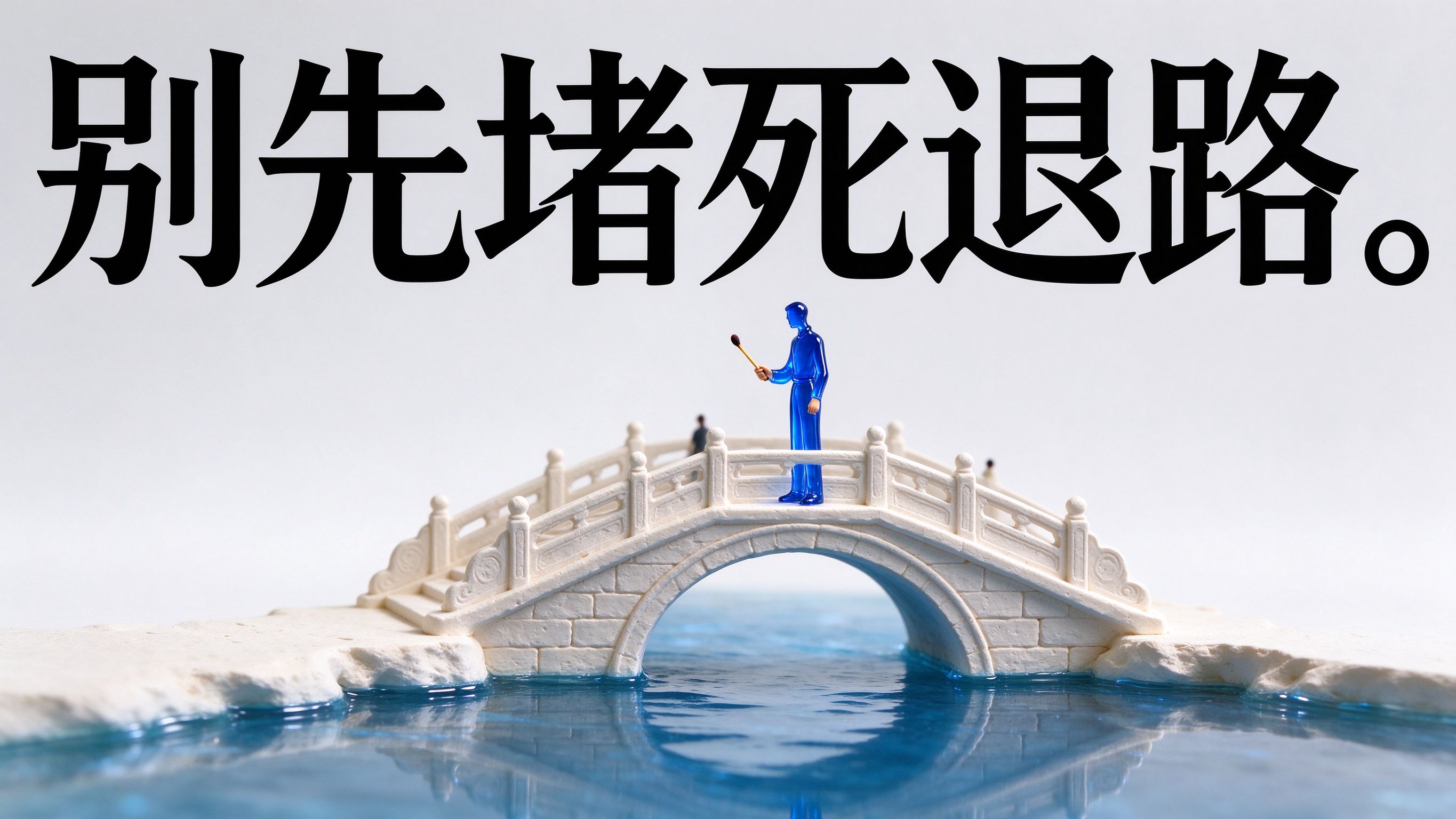 别先堵死退路。;奶白石膏微缩小桥一端站钴蓝玻璃小人手里捏火柴,桥另一端隐约另一人影,桥下透明钴蓝玻璃水面,16:9横版。