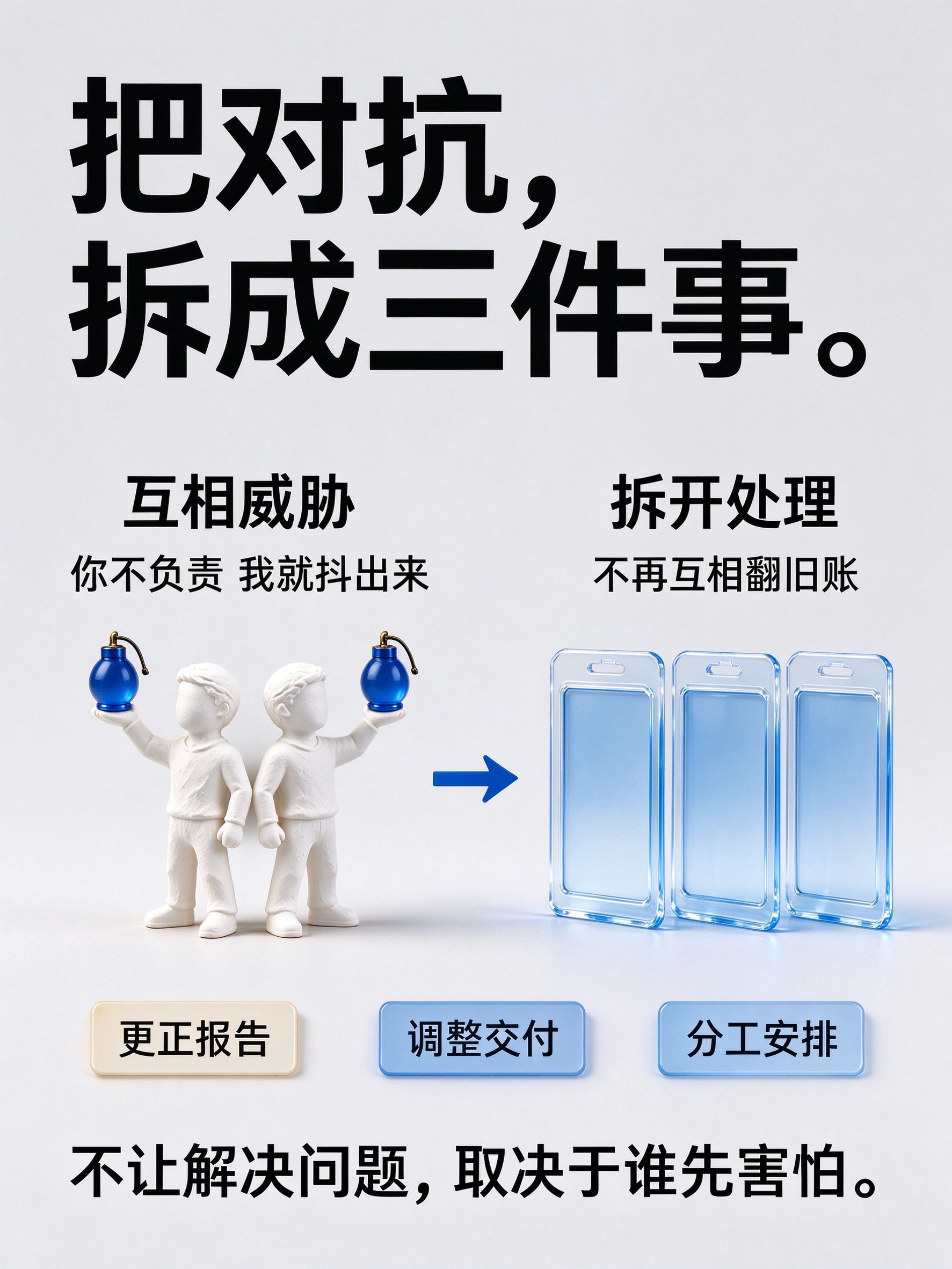 把对抗,拆成三件事。;左侧互相威胁/你不负责 我就抖出来配两个石膏小人背对背各举钴蓝玻璃小炸弹,右侧拆开处理/不再互相翻旧账配三个并排透明钴蓝玻璃空卡片,中间钴蓝箭头,下方三标签更正报告·调整交付·分工安排,底部不让解决问题,取决于谁先害怕。3:4竖版。